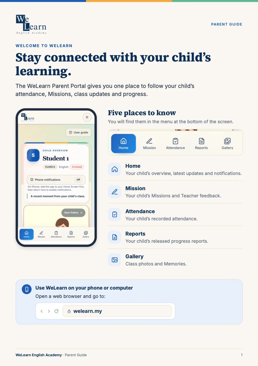 Page 1 of the English Parent Guide: Stay connected with your child’s learning.